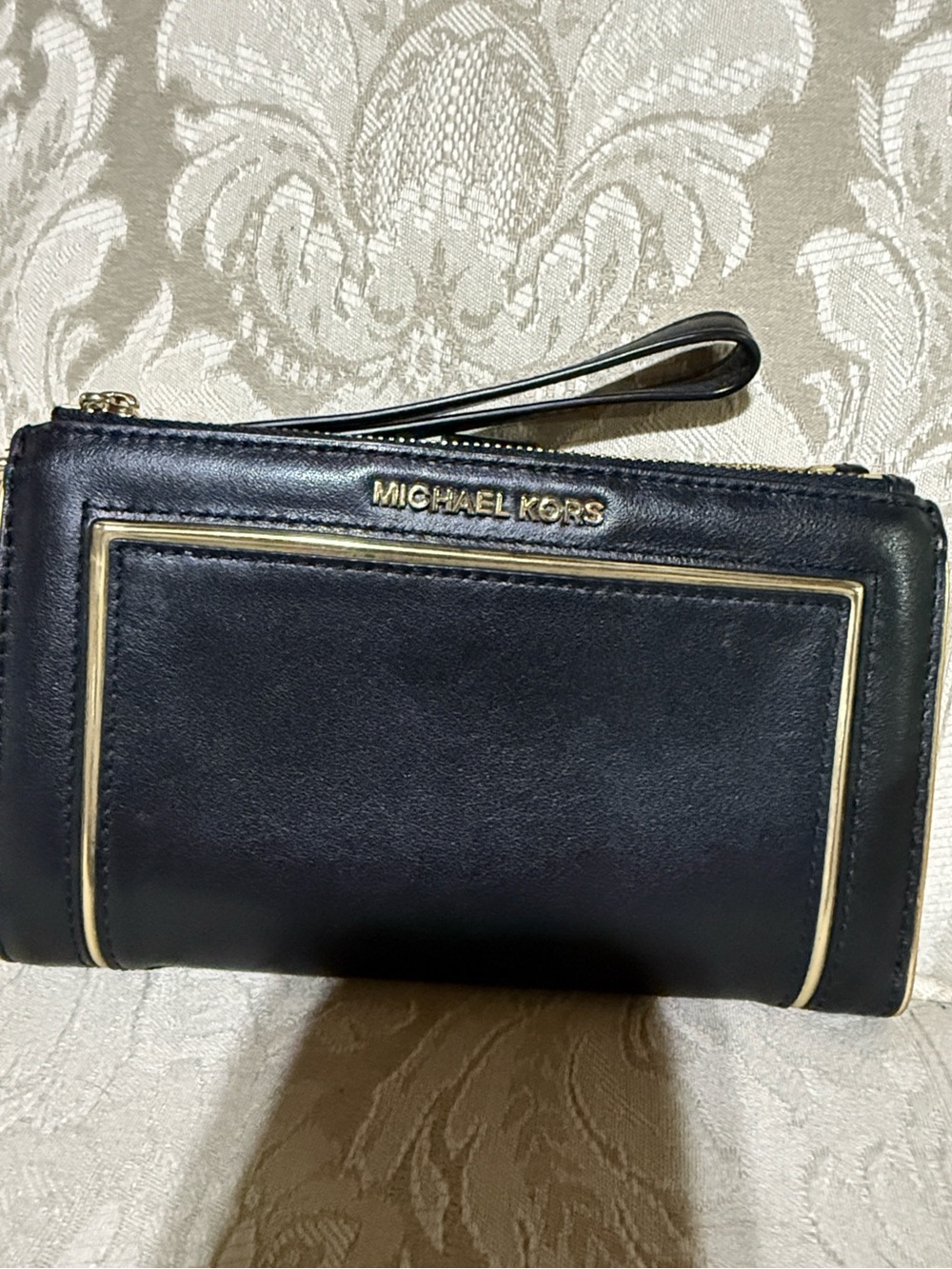 Michael Kors Black & Gold Adele Leather Wristlet Clutch